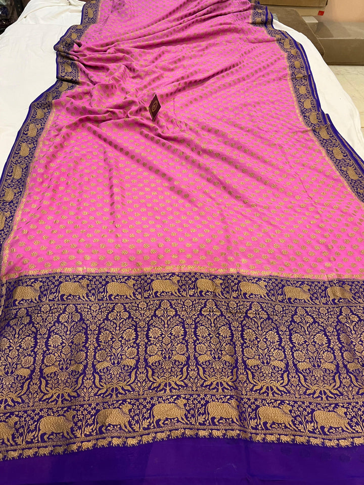 Baby Pink Banarasi Handloom Pure Khaddi Georgette Saree - Aura Benaras