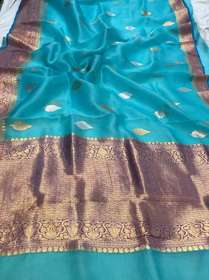 Firozi Blue Banarasi Handloom Kora Silk Saree - Aura Benaras