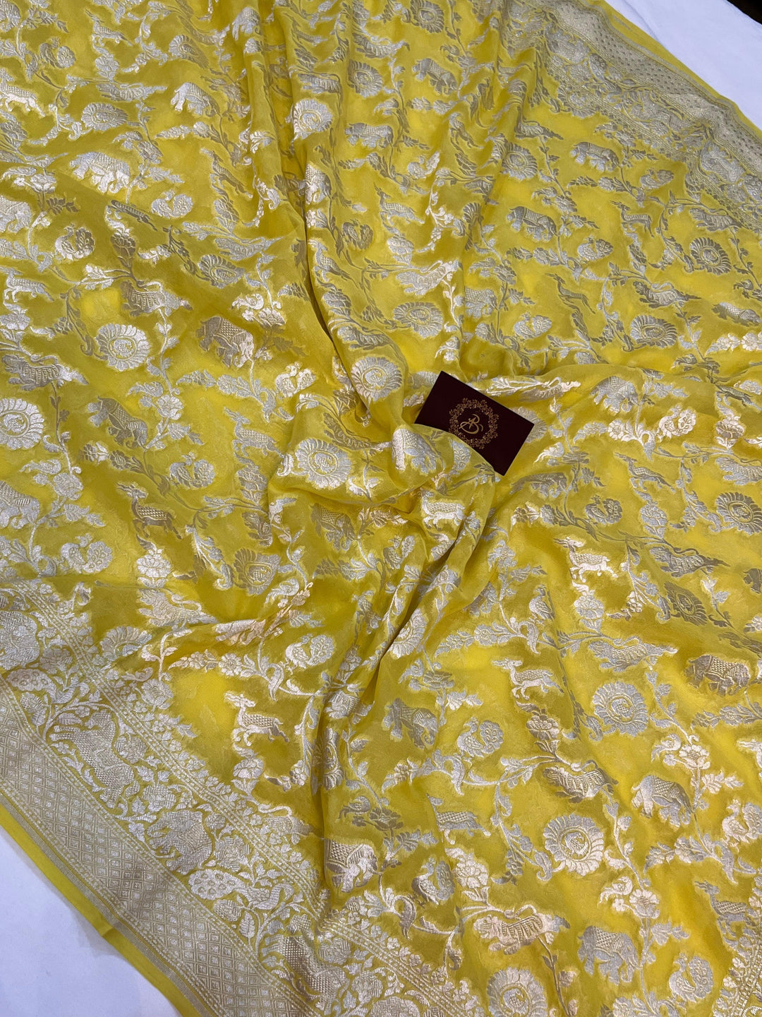 Lemon Yellow Pure Banarasi Khaddi Georgette Saree - Aura Benaras