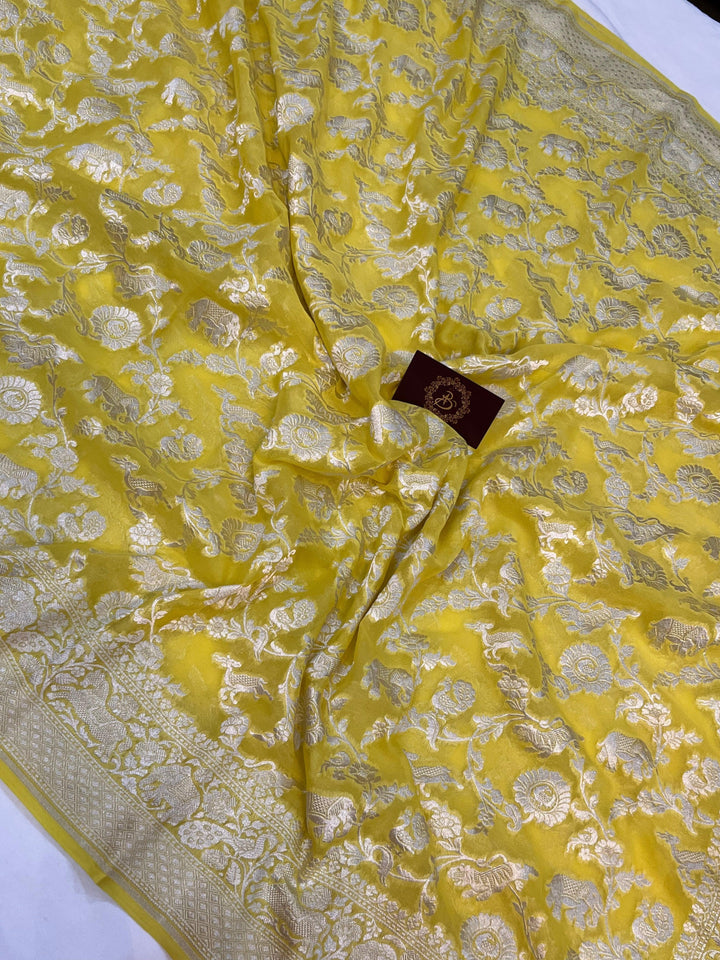 Lemon Yellow Pure Banarasi Khaddi Georgette Saree - Aura Benaras