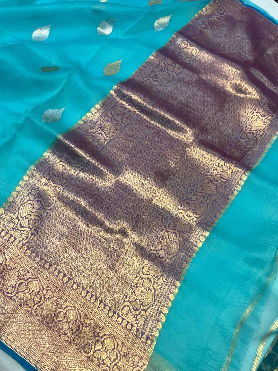 Firozi Blue Banarasi Handloom Kora Silk Saree - Aura Benaras