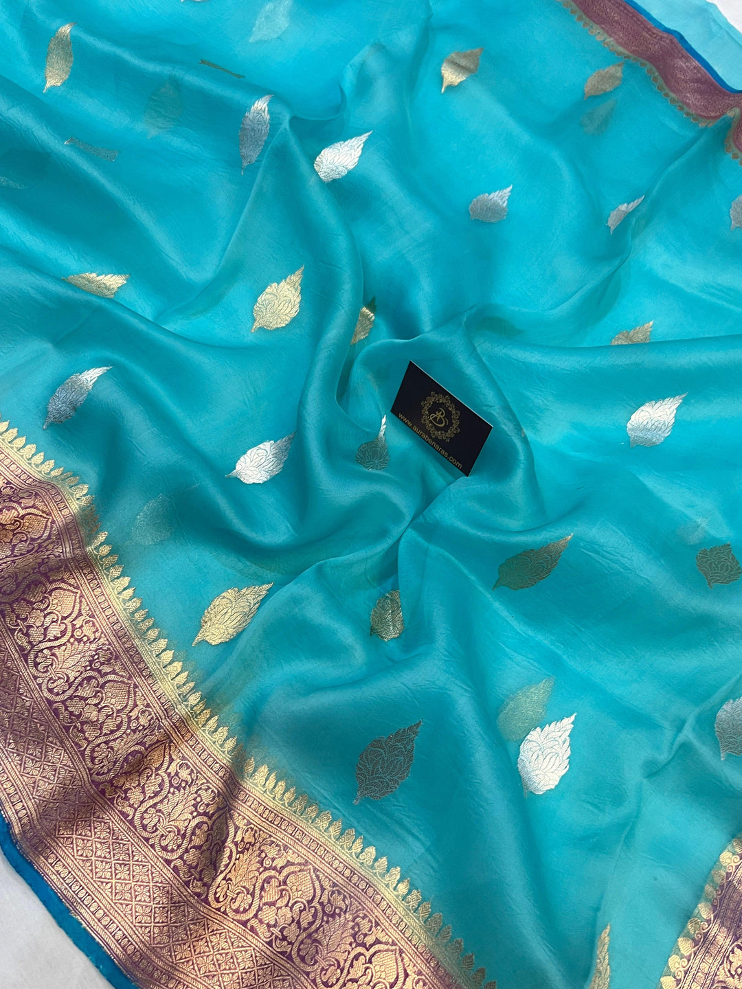 Firozi Blue Banarasi Handloom Kora Silk Saree - Aura Benaras
