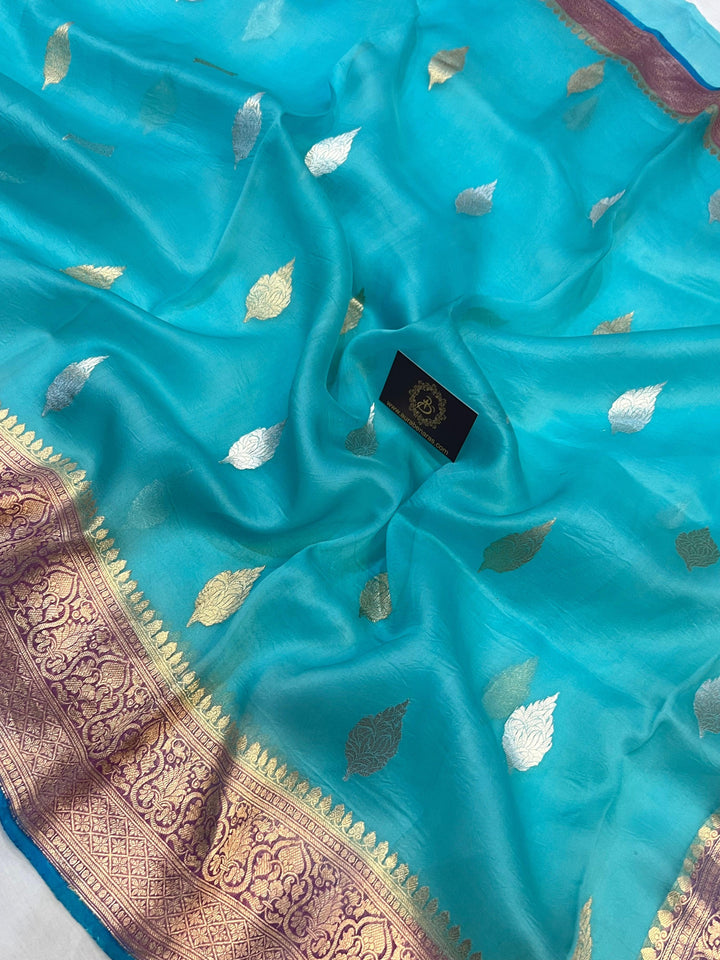Firozi Blue Banarasi Handloom Kora Silk Saree - Aura Benaras