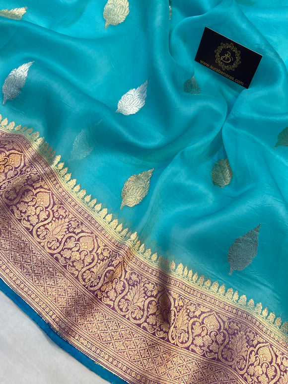 Firozi Blue Banarasi Handloom Kora Silk Saree - Aura Benaras
