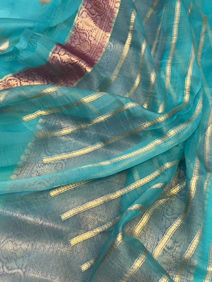 Firozi Blue Banarasi Handloom Kora Silk Saree - Aura Benaras