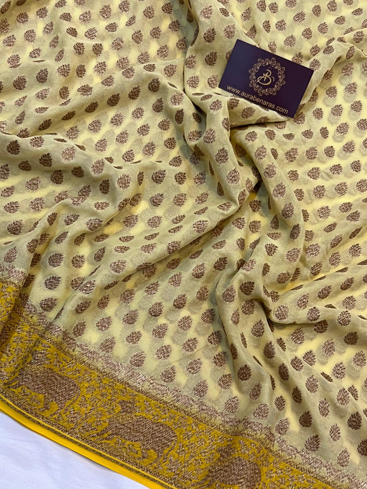 Cream Banarasi Handloom Pure Khaddi Georgette Saree - Aura Benaras
