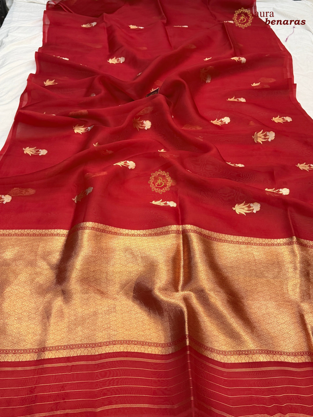 Red Kora Silk Banarasi Saree with Sona Rupa Butis
