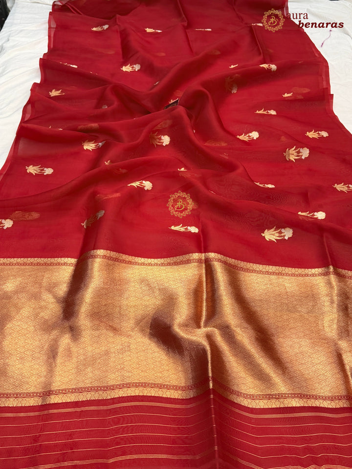 Red Kora Silk Banarasi Saree with Sona Rupa Butis
