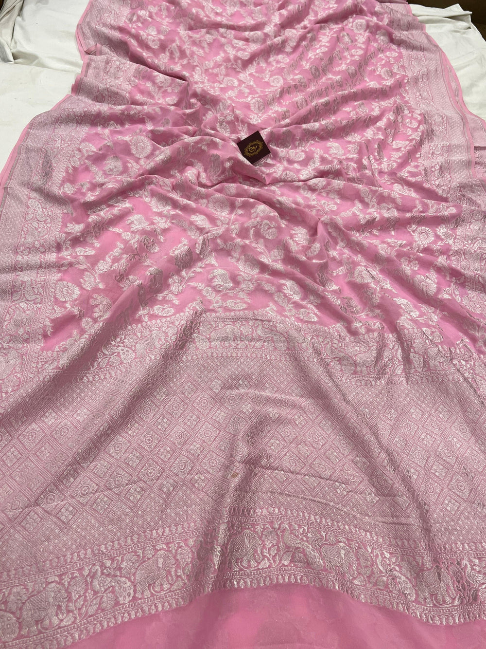 Baby Pink Pure Banarasi Khaddi Georgette Saree - Aura Benaras