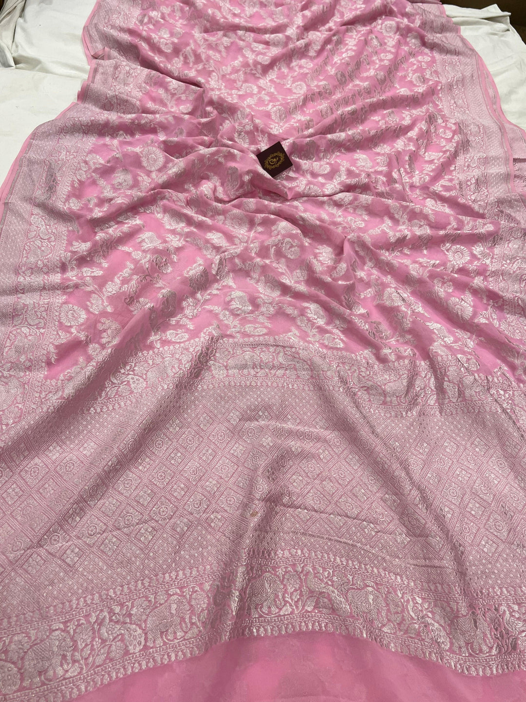 Baby Pink Pure Banarasi Khaddi Georgette Saree - Aura Benaras