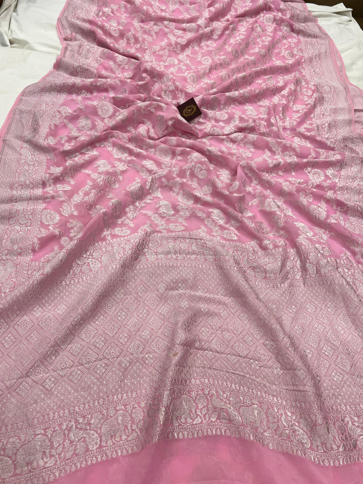 Baby Pink Pure Banarasi Khaddi Georgette Saree - Aura Benaras