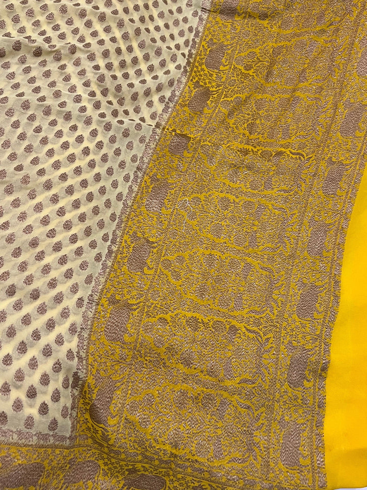 Cream Banarasi Handloom Pure Khaddi Georgette Saree - Aura Benaras