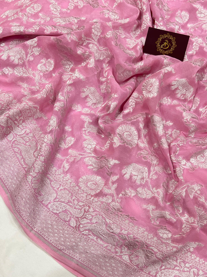 Baby Pink Pure Banarasi Khaddi Georgette Saree - Aura Benaras