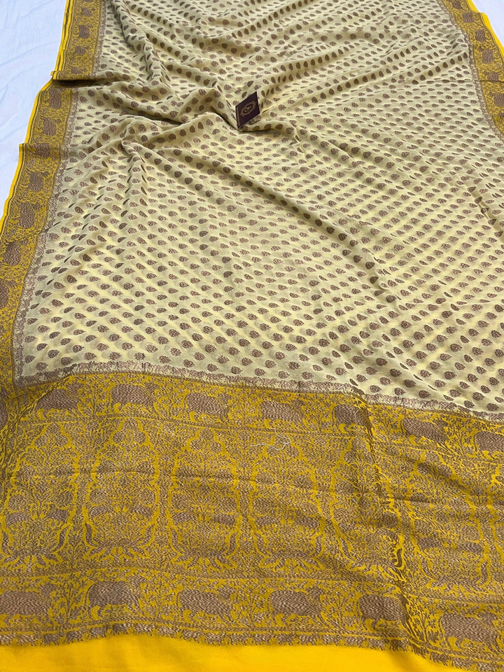 Cream Banarasi Handloom Pure Khaddi Georgette Saree - Aura Benaras