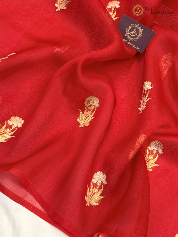 Red Kora Silk Banarasi Saree with Sona Rupa Butis