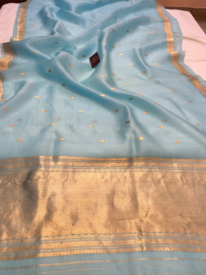 Sky Blue Pure Kora Silk Handloom Banarasi Saree with Kadwa Buti & Border