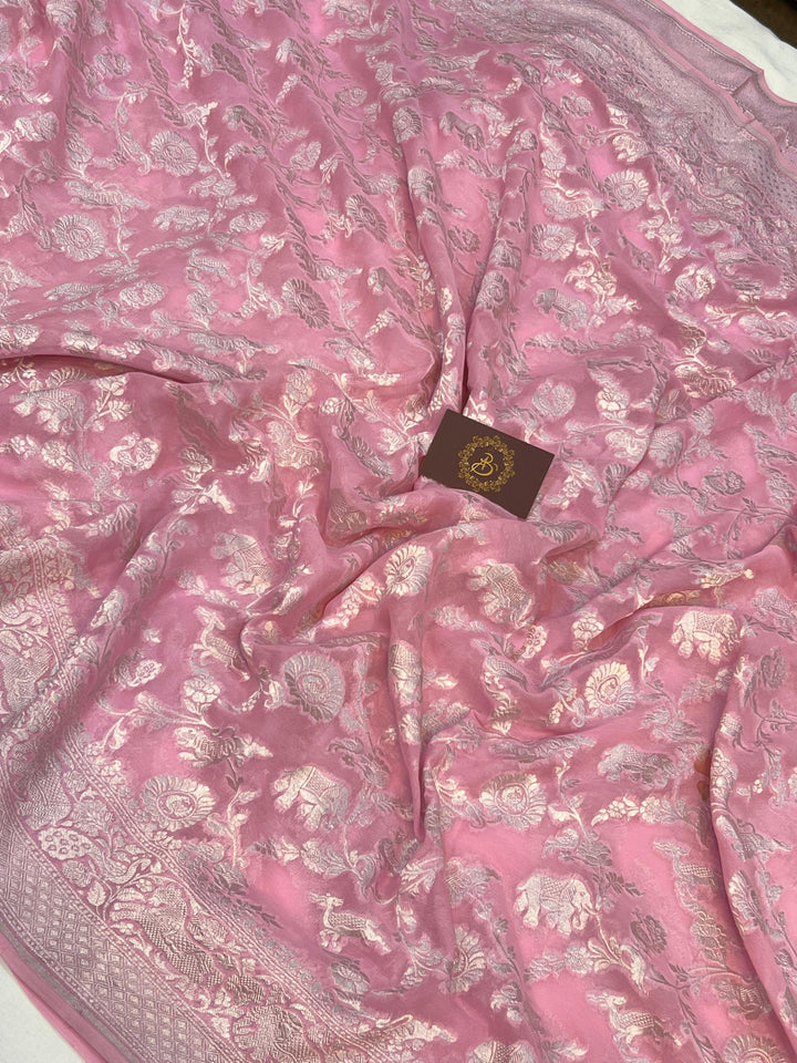 Baby Pink Pure Banarasi Khaddi Georgette Saree - Aura Benaras