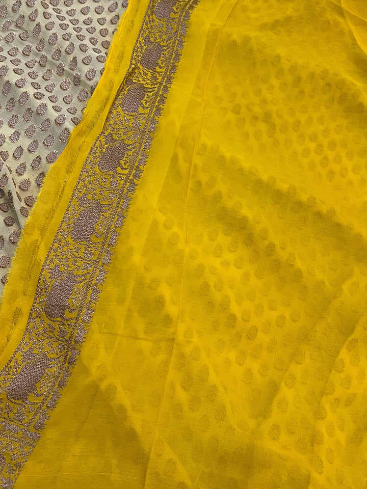 Cream Banarasi Handloom Pure Khaddi Georgette Saree - Aura Benaras