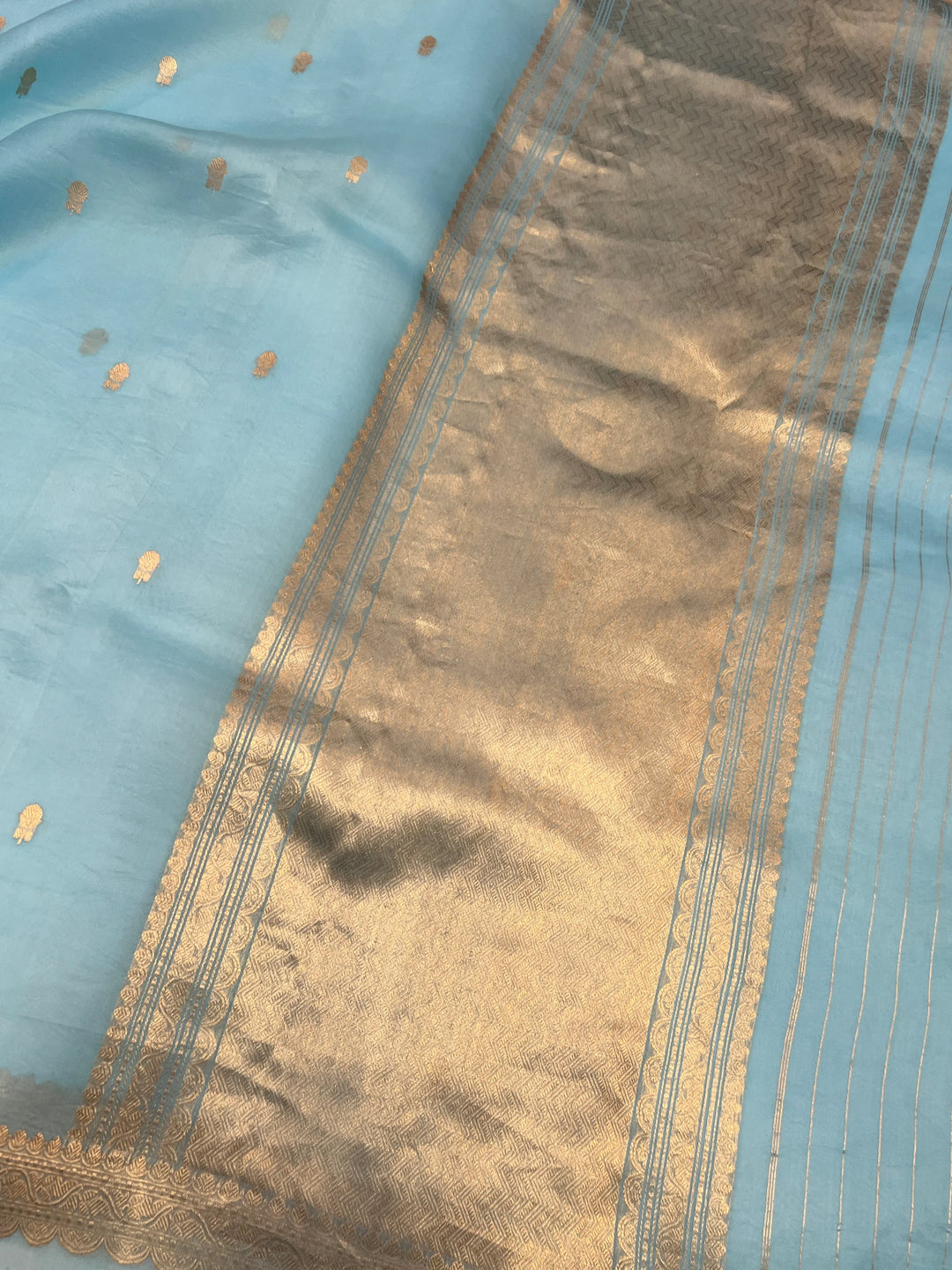 Sky Blue Pure Kora Silk Handloom Banarasi Saree with Kadwa Buti & Border