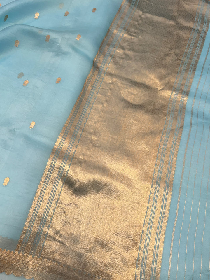 Sky Blue Pure Kora Silk Handloom Banarasi Saree with Kadwa Buti & Border