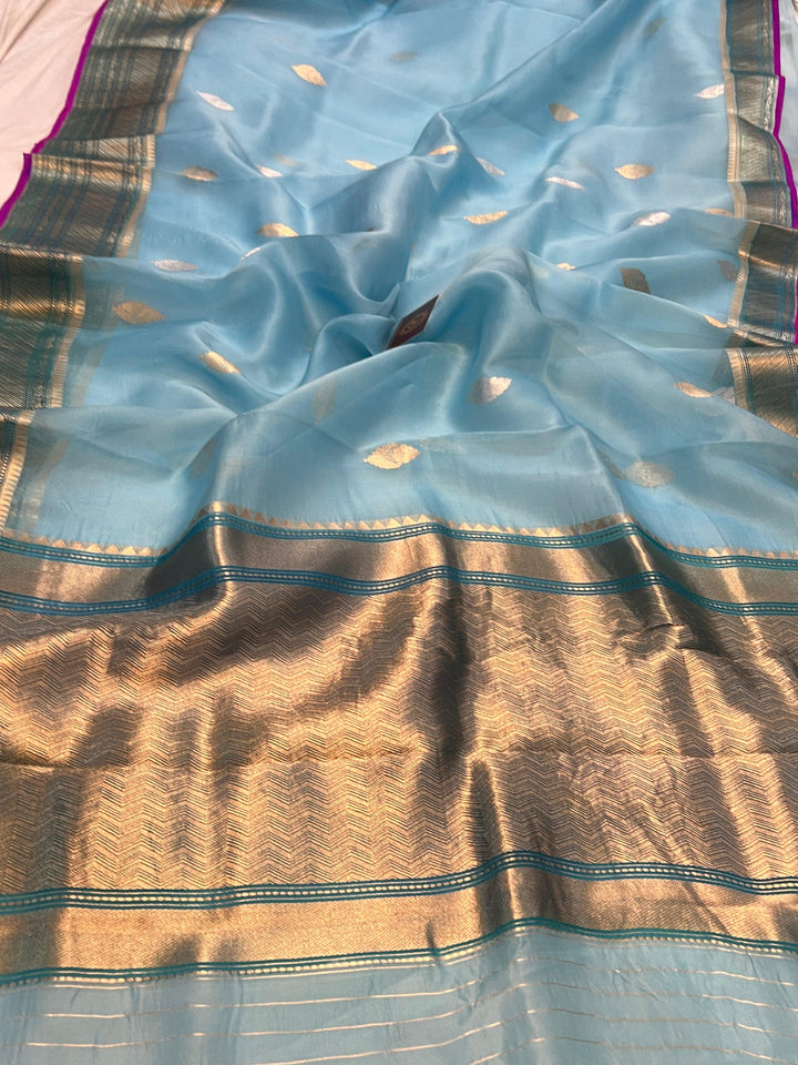 Pastel Blue Banarasi Handloom Kora Silk Saree - Aura Benaras