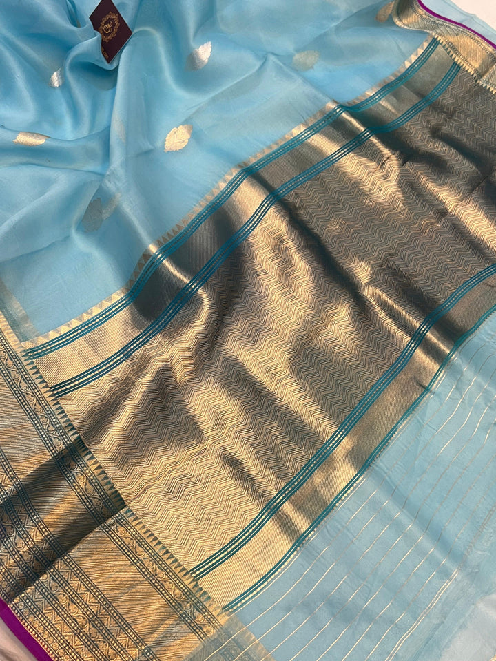 Pastel Blue Banarasi Handloom Kora Silk Saree - Aura Benaras