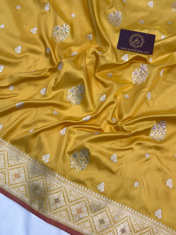 Mustard Yellow Banarasi Handloom Katan Silk Saree - Aura Benaras