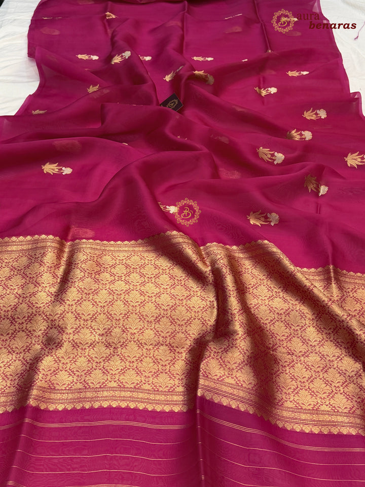 Rani Pink Kora Silk Banarasi Saree with Sona Rupa Butis