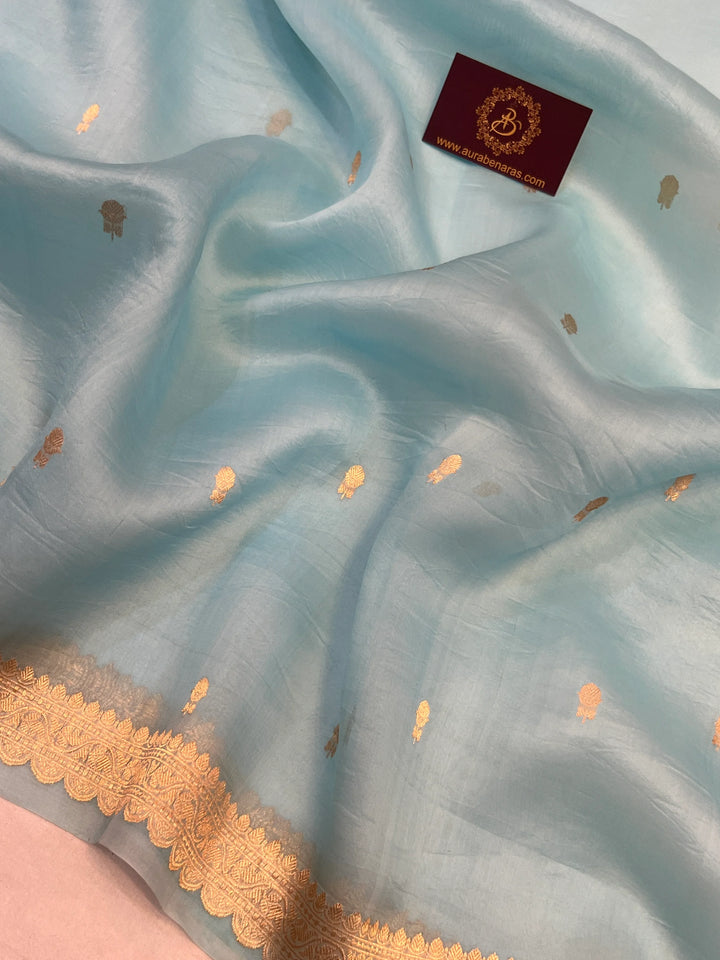 Sky Blue Pure Kora Silk Handloom Banarasi Saree with Kadwa Buti & Border