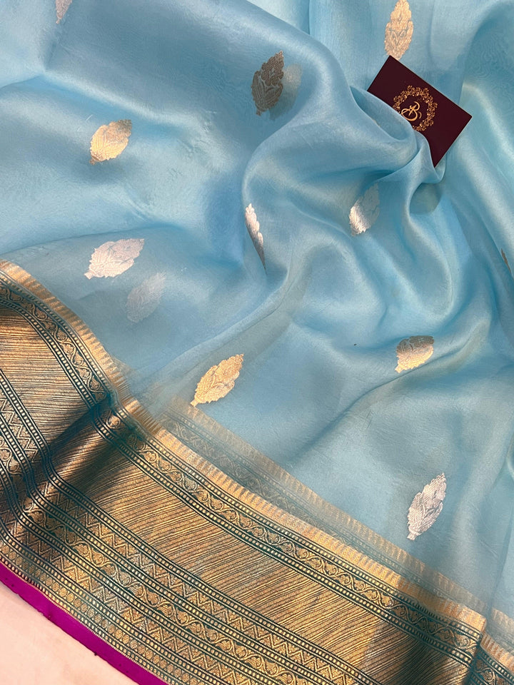 Pastel Blue Banarasi Handloom Kora Silk Saree - Aura Benaras