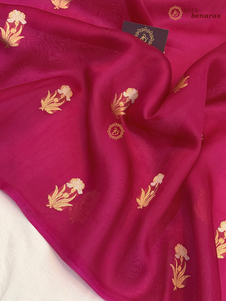 Rani Pink Kora Silk Banarasi Saree with Sona Rupa Butis