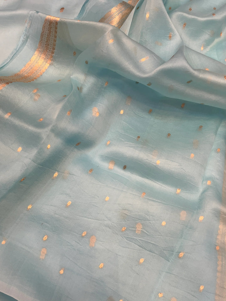 Sky Blue Pure Kora Silk Handloom Banarasi Saree with Kadwa Buti & Border