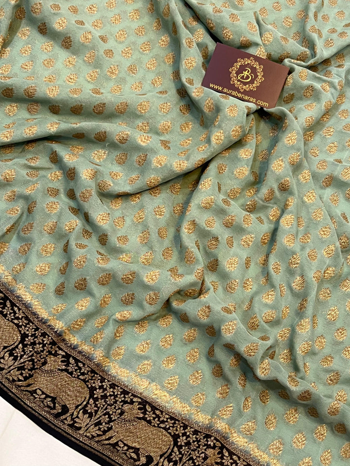 Grey Banarasi Handloom Pure Khaddi Georgette Saree - Aura Benaras