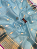 Pastel Blue Banarasi Handloom Kora Silk Saree - Aura Benaras