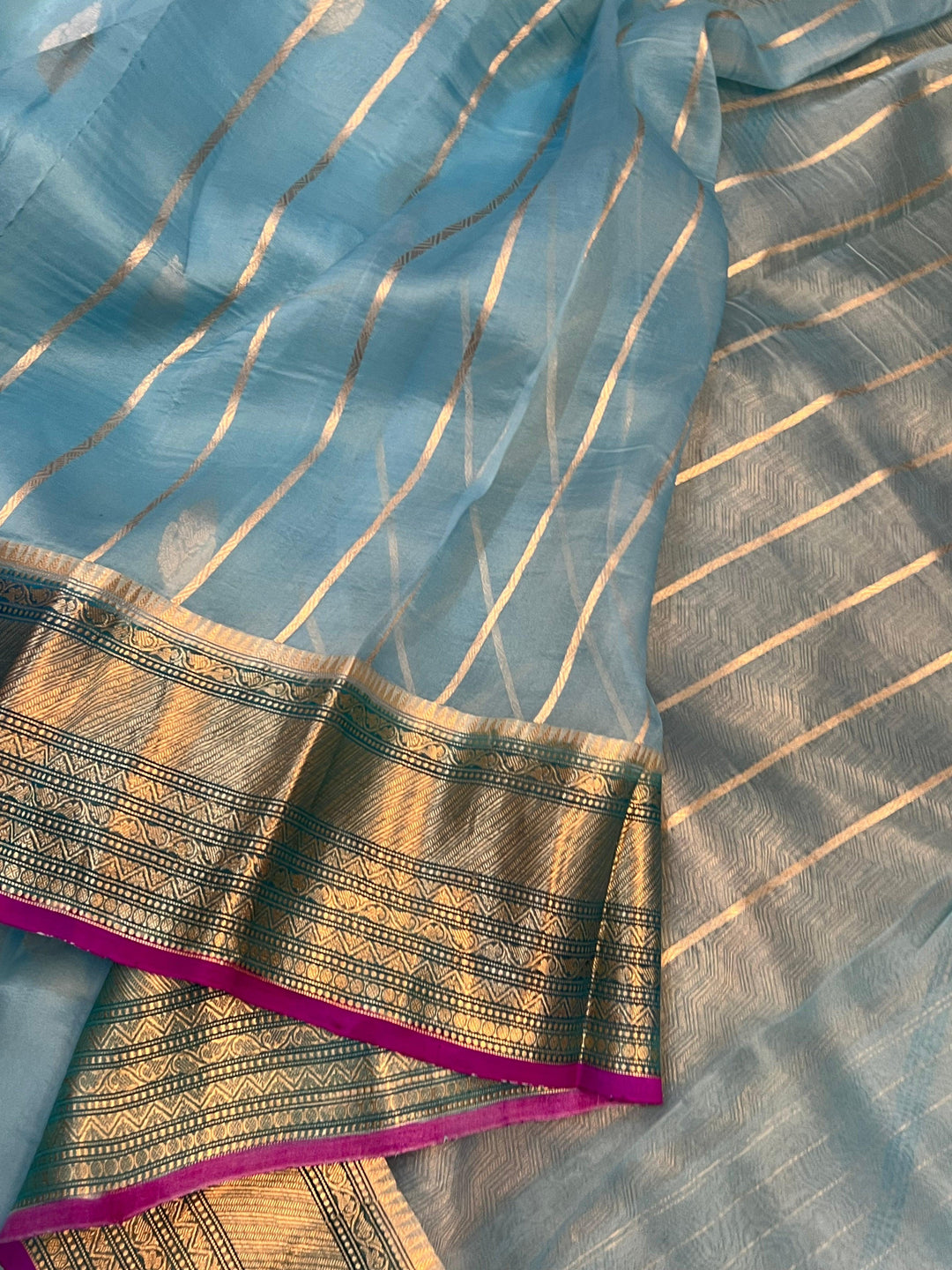 Pastel Blue Banarasi Handloom Kora Silk Saree - Aura Benaras