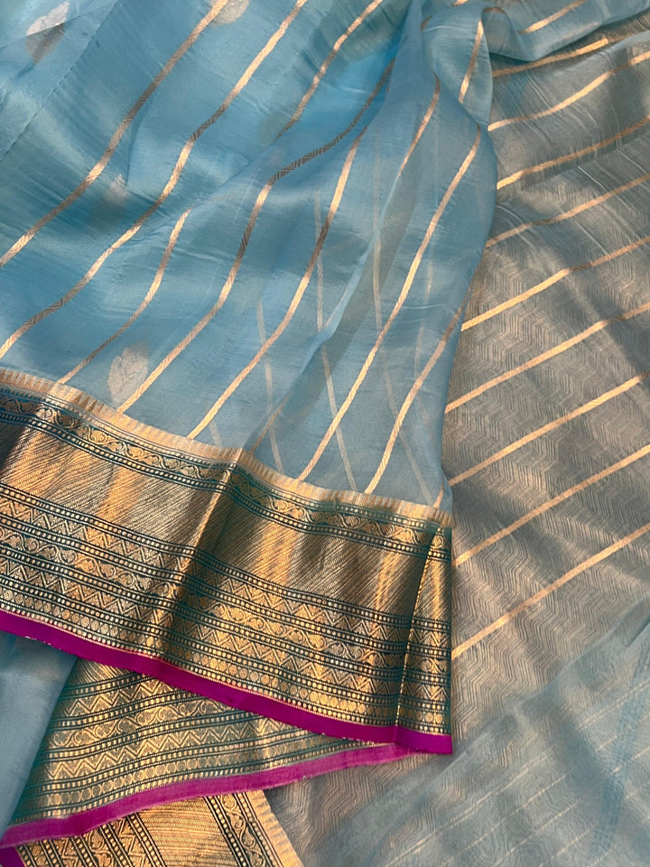 Pastel Blue Banarasi Handloom Kora Silk Saree - Aura Benaras
