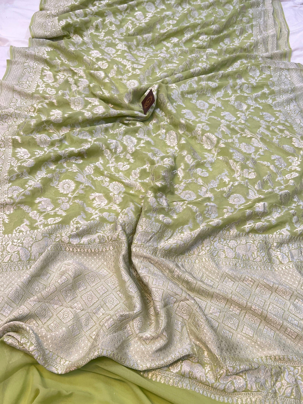 Pista Green Pure Banarasi Khaddi Georgette Saree - Aura Benaras