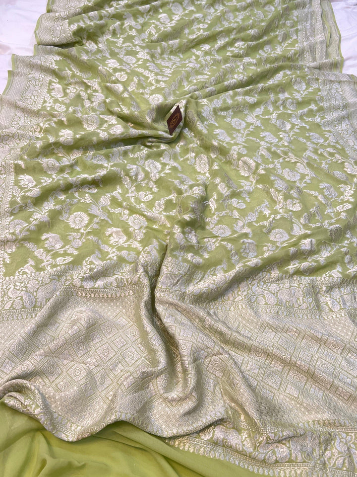 Pista Green Pure Banarasi Khaddi Georgette Saree - Aura Benaras