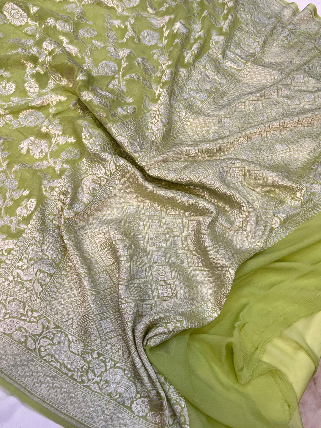 Pista Green Pure Banarasi Khaddi Georgette Saree - Aura Benaras