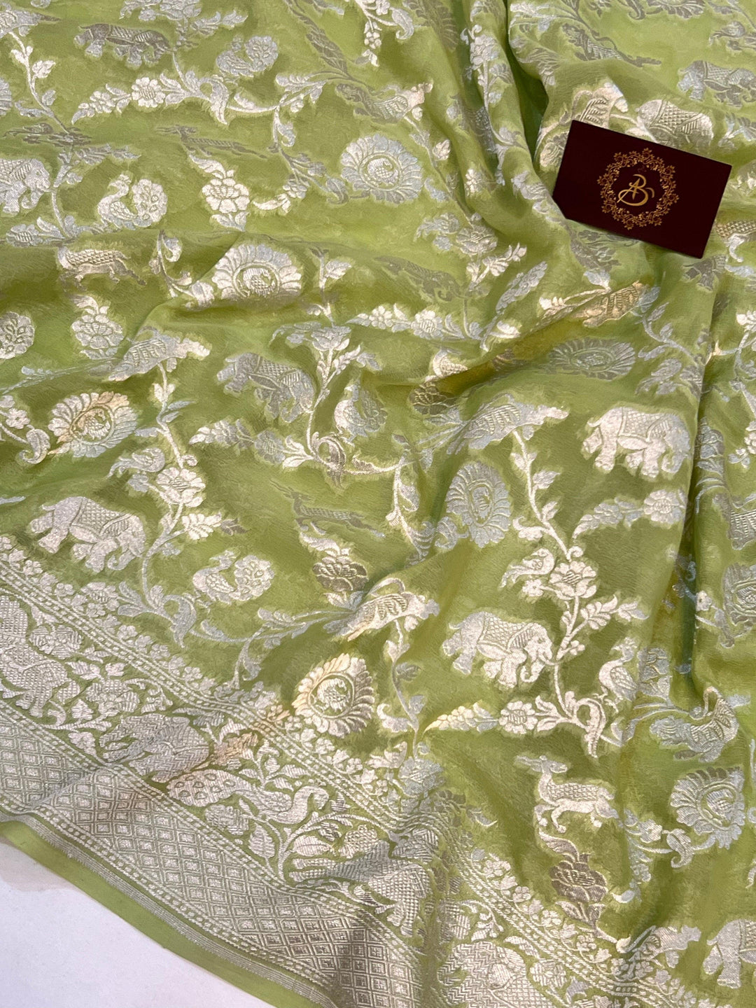 Pista Green Pure Banarasi Khaddi Georgette Saree - Aura Benaras