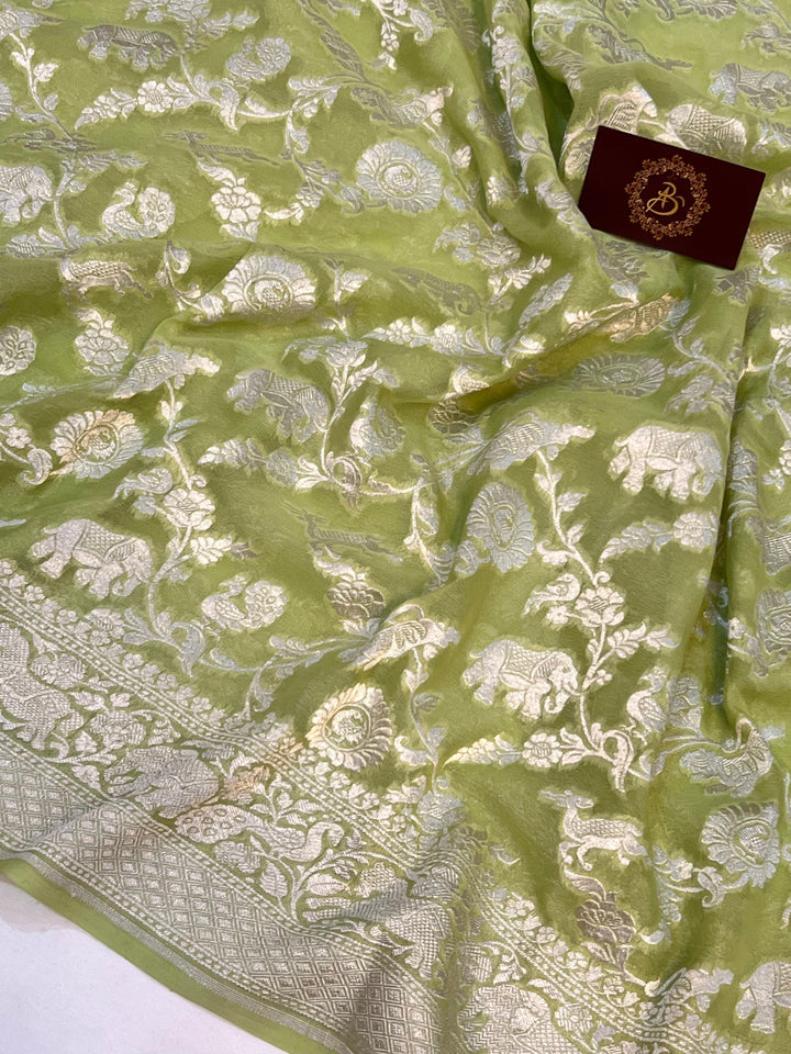 Pista Green Pure Banarasi Khaddi Georgette Saree - Aura Benaras