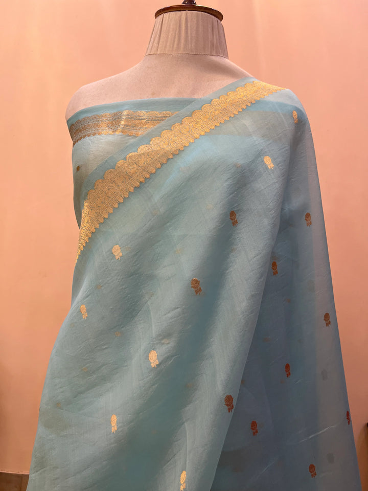 Sky Blue Pure Kora Silk Handloom Banarasi Saree with Kadwa Buti & Border