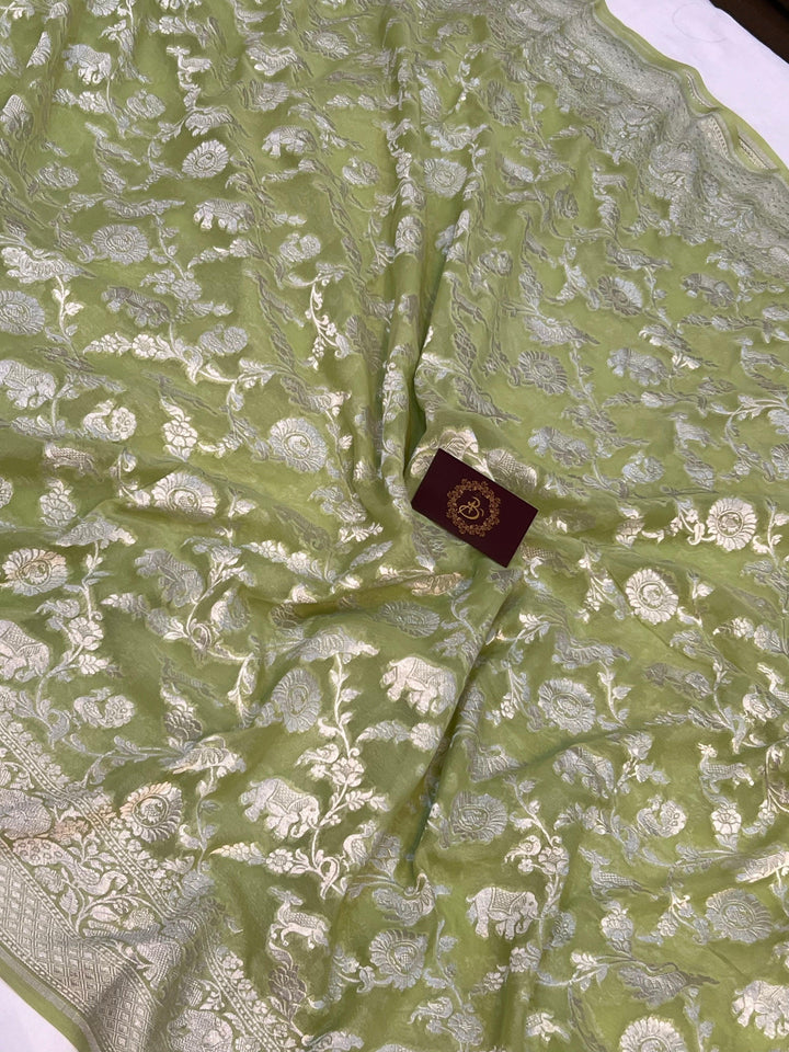Pista Green Pure Banarasi Khaddi Georgette Saree - Aura Benaras