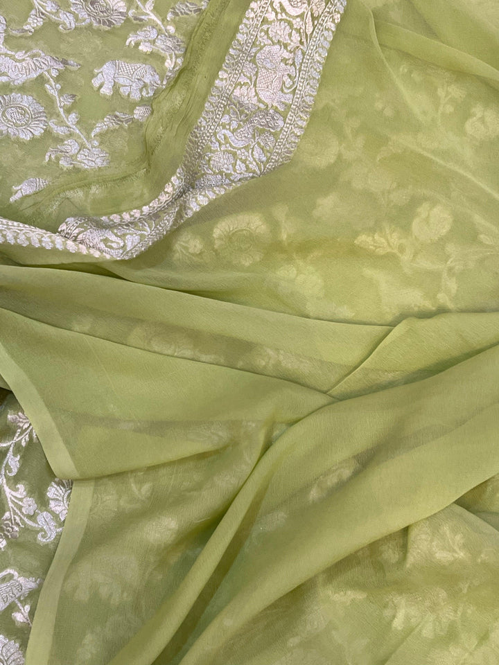 Pista Green Pure Banarasi Khaddi Georgette Saree - Aura Benaras