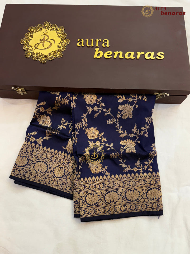 Navy Blue Pure Katan Silk Banarasi Handloom Dupatta