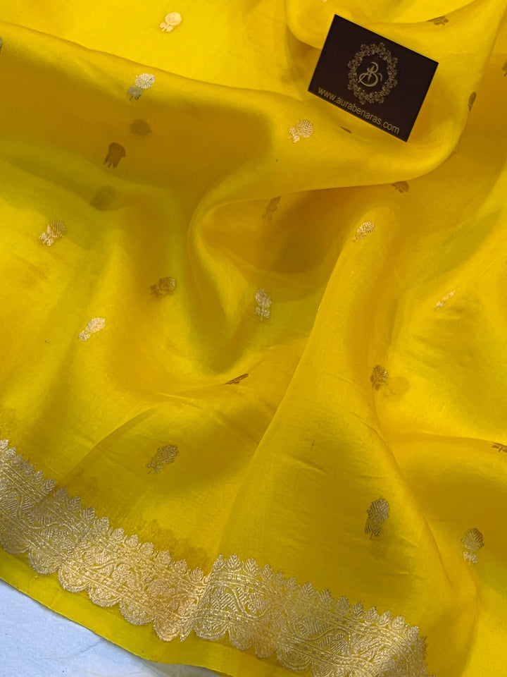 Yellow Pure Kora Silk Handloom Banarasi Saree with Kadwa Buti & Border