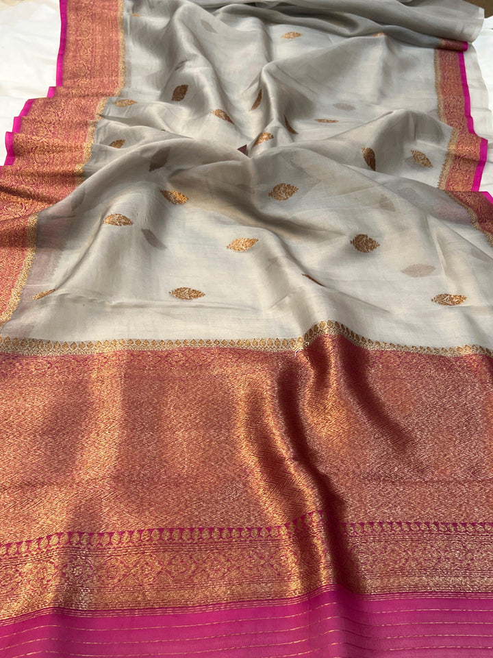 Smoke Grey Banarasi Handloom Kora Silk Saree - Aura Benaras