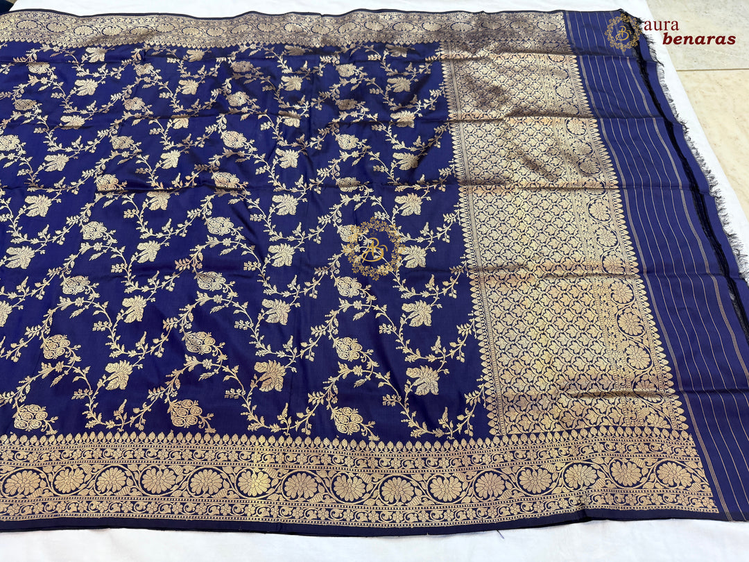 Navy Blue Pure Katan Silk Banarasi Handloom Dupatta