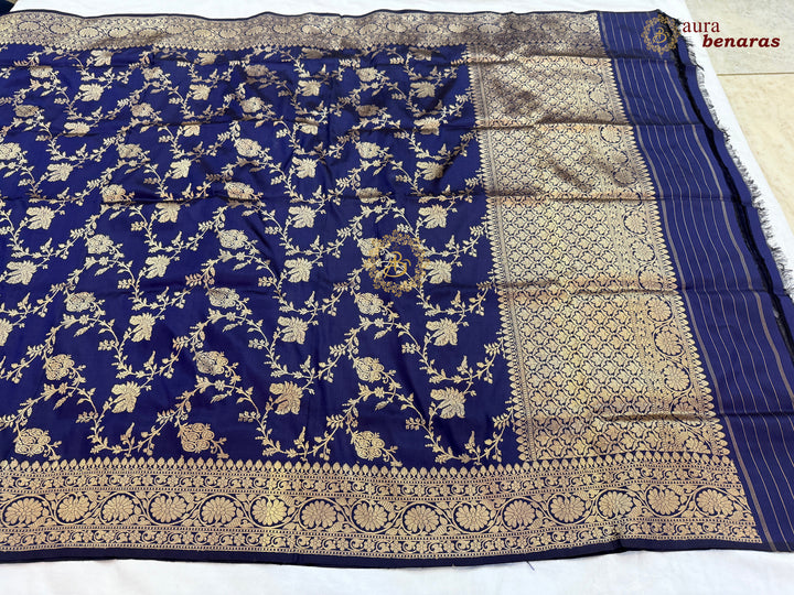 Navy Blue Pure Katan Silk Banarasi Handloom Dupatta
