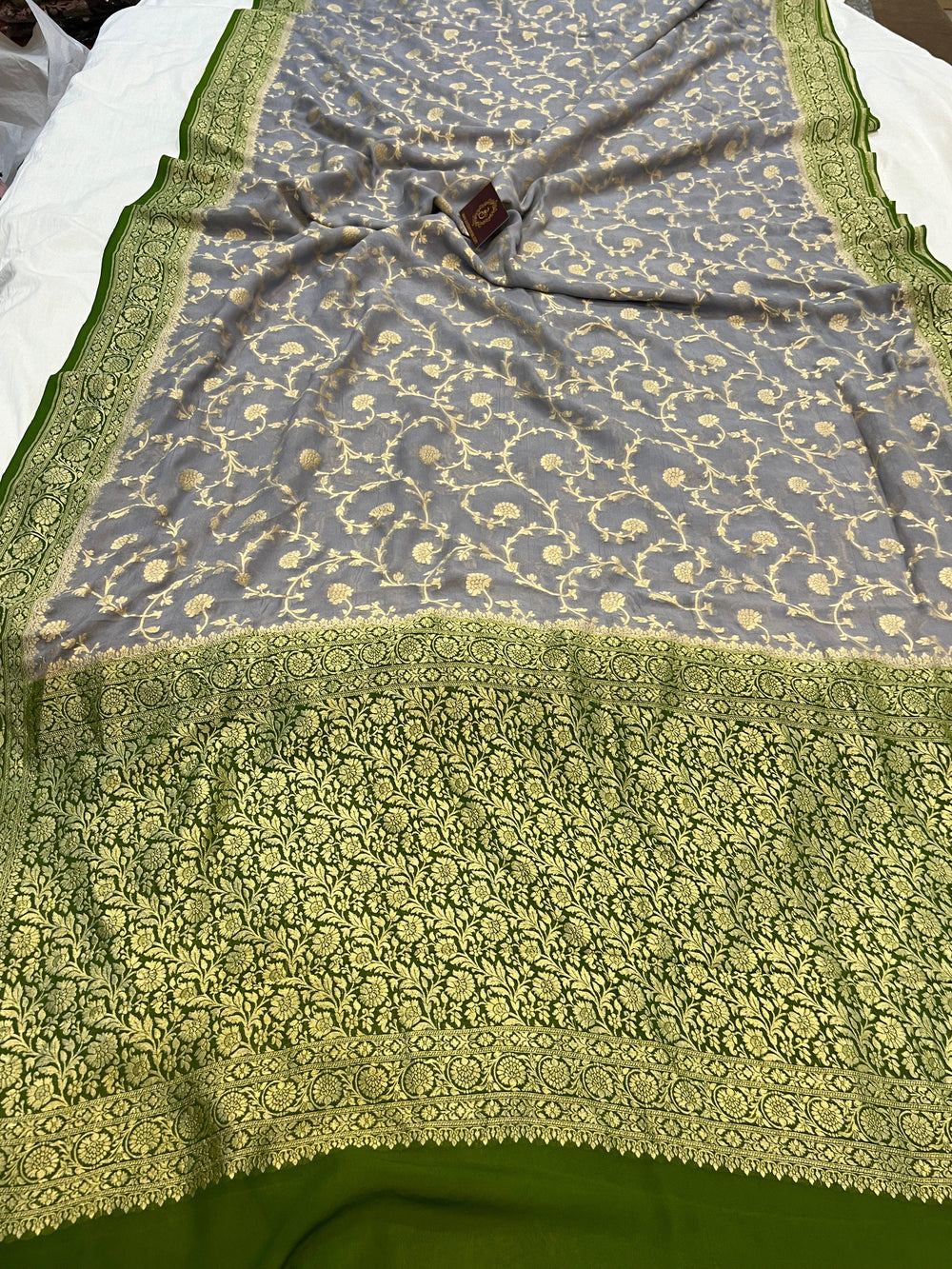 Pure Banarasi Khaddi Georgette Saree | Golden Zari Jaal | Aura Benaras